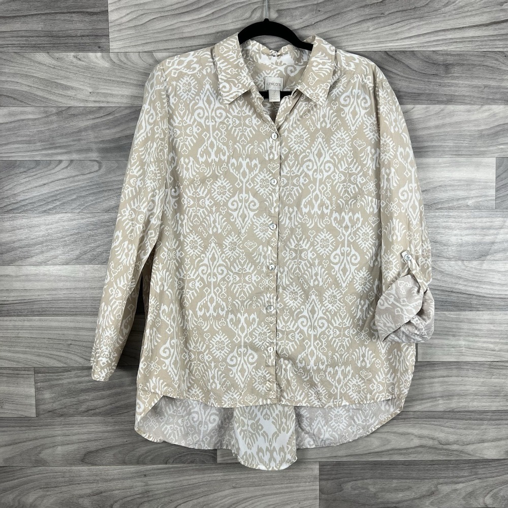 Chicos Blouse Top Womens 2 Large Beige Tan Button Front‎ Roll Tab Sleeves Career
